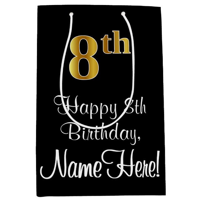 Sac Cadeau Moyen Luxueux, élégant, Faux Gold Look 8e anniversaire (Devant)