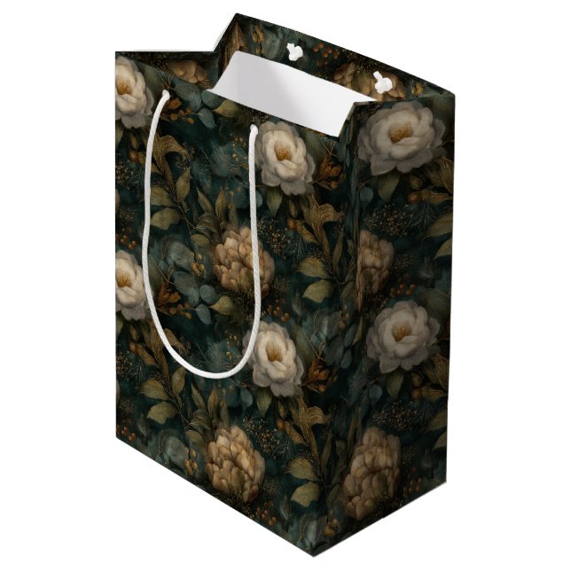 Sac Cadeau Moyen Luxury Christmas Winter Green and Cream Floral (Dos Angle)