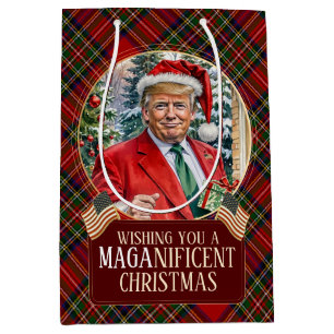 Sac Cadeau Moyen MAGA Christmas Tartan Plaid Père Noël Trump