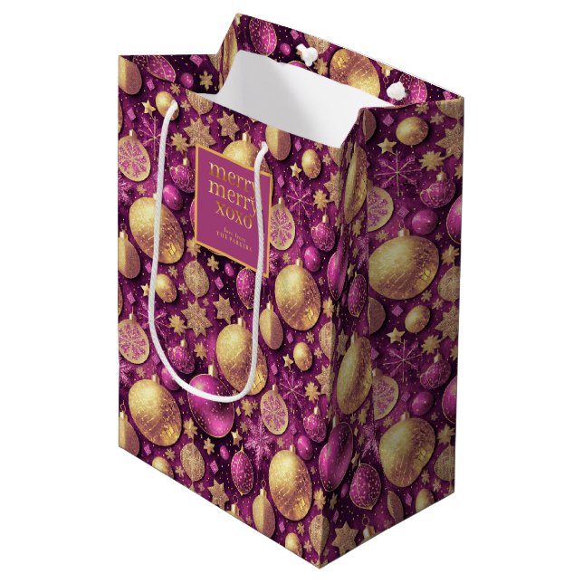 Sac Cadeau Moyen Magenta Gold Merry Motif #31 ID1009 (Devant Angle)