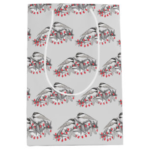 Sac Cadeau Moyen Maine Chickadee Bird hiver Noël Vacances Neige