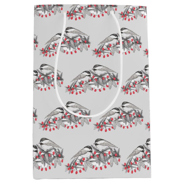 Sac Cadeau Moyen Maine Chickadee Bird hiver Noël Vacances Neige (Devant)