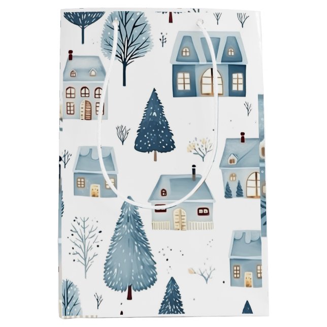 Sac Cadeau Moyen Maison de Noël bleue et arbres (Devant)