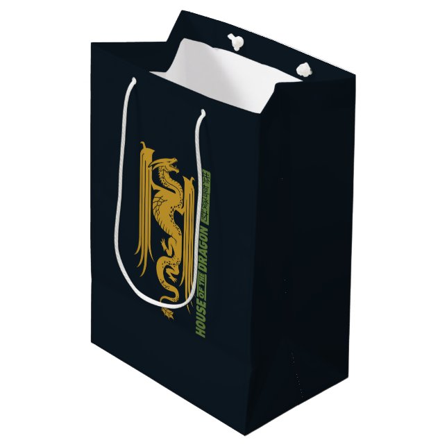 Sac Cadeau Moyen Maison du Dragon Gold & Green Nouvel An | 恭 喜 財 發 (Devant Angle)