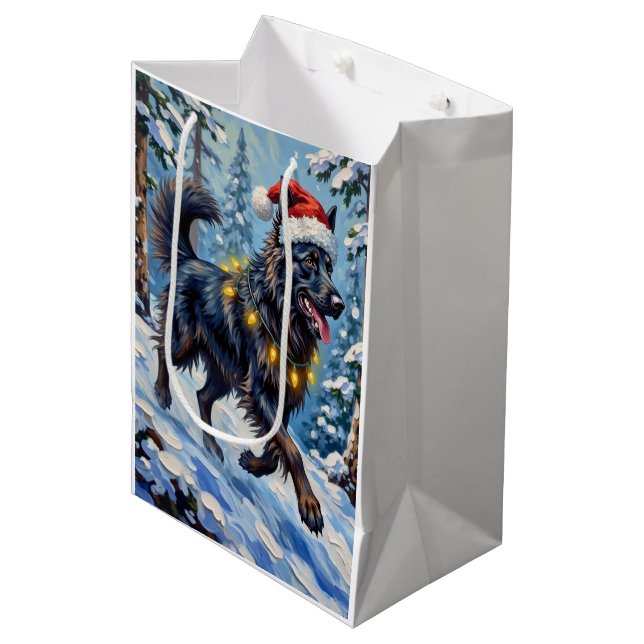 Sac Cadeau Moyen Majestic Belgian Shepherd Snow Forest Christmas (Devant Angle)
