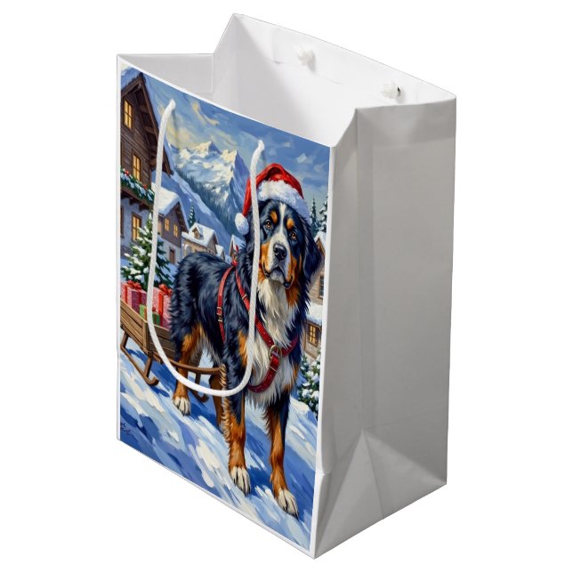 Sac Cadeau Moyen Majestic Bernese Mountain Dog Alpine Christmas (Devant Angle)