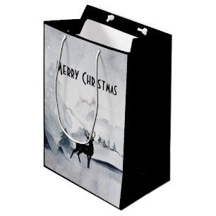Sac Cadeau Moyen Majestic Reindeer Grey Aquarelle Joyeux Noël