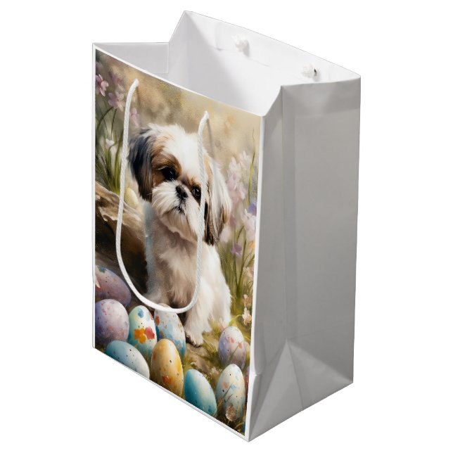 Sac Cadeau Moyen Malti Tzu Chien avec Oeufs de Pâques Vacances (Devant Angle)