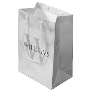 Sac Cadeau Moyen Marbre blanc Monogramme personnalisé et nom