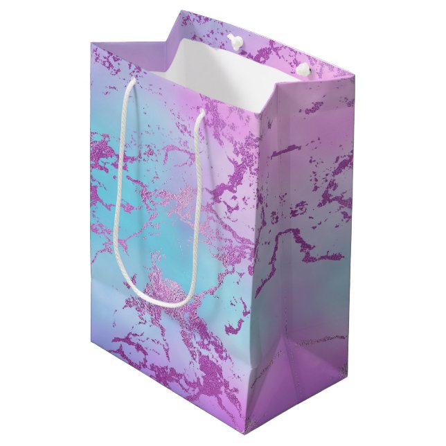 Sac Cadeau Moyen Marbre Chic | Ombré Bleu Violet Pourpre Glamour Lu (Devant Angle)