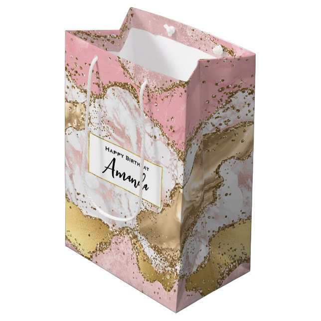 Sac Cadeau Moyen Marbre rose or Rose de luxe Design Anniversaire (Devant Angle)