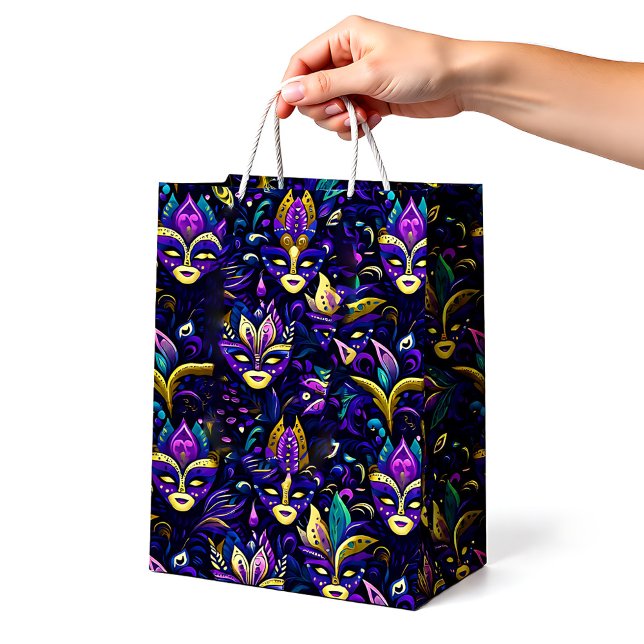 Sac Cadeau Moyen Mardi Gras avec masques jaune or (Mardi Gras with golden yellow masks Medium Gift Bag)