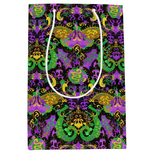 Sac Cadeau Moyen Mardi Gras Couleurs Damask Dragon, Papillon, Serpe (Devant)