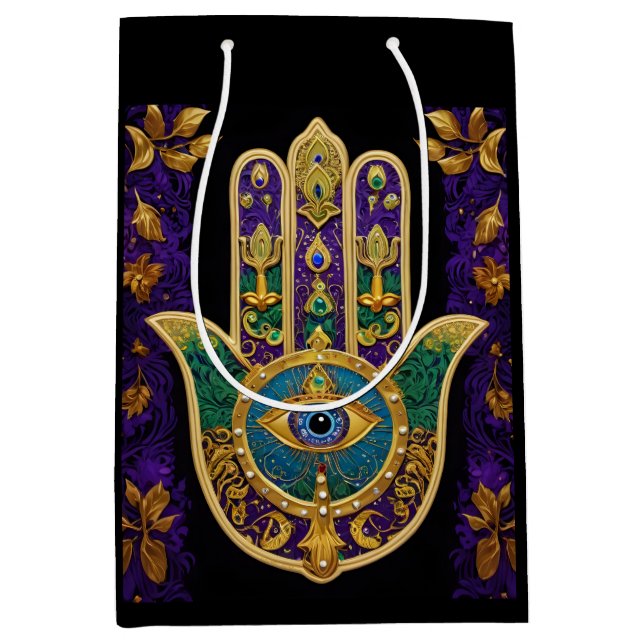 Sac Cadeau Moyen Mardi Gras Gold violet vert Hamsas Art (Devant)