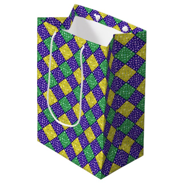 Sac Cadeau Moyen Mardi Gras Harlequin Motif du carnaval de Diamond (Devant Angle)