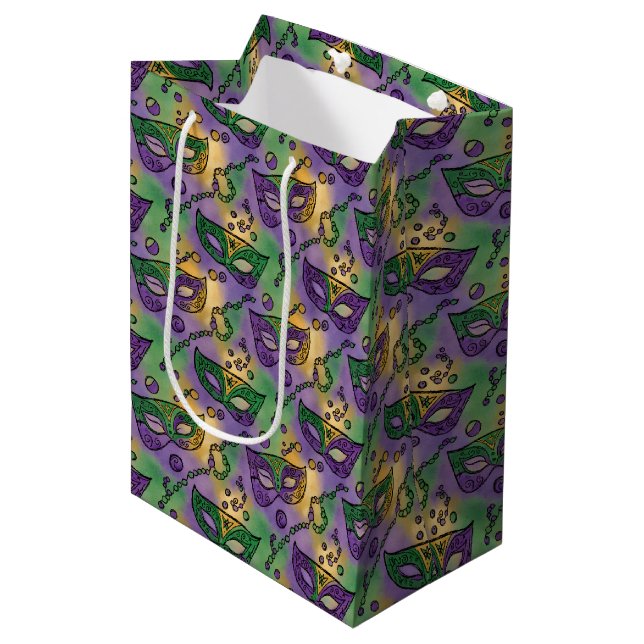 Sac Cadeau Moyen Mardi Gras Masks and Beads Purple Green Yellow (Devant Angle)