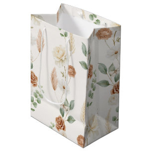 Sac Cadeau Moyen Mariage Bohème Fleurs Crème Marron