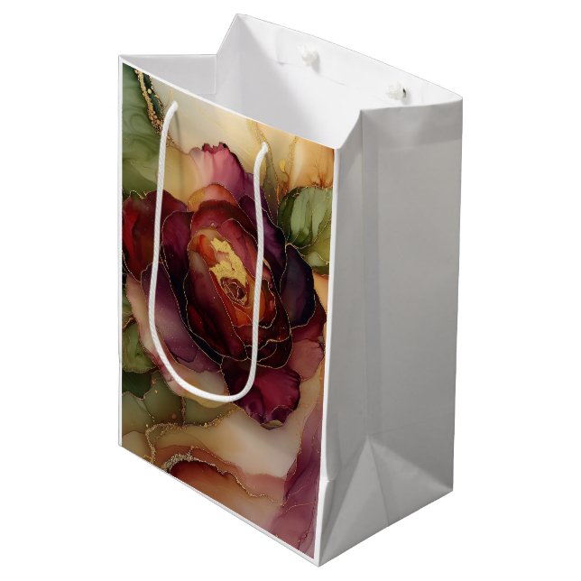 Sac Cadeau Moyen Mariage Burgundy Rouge Or Rose Floral (Devant Angle)