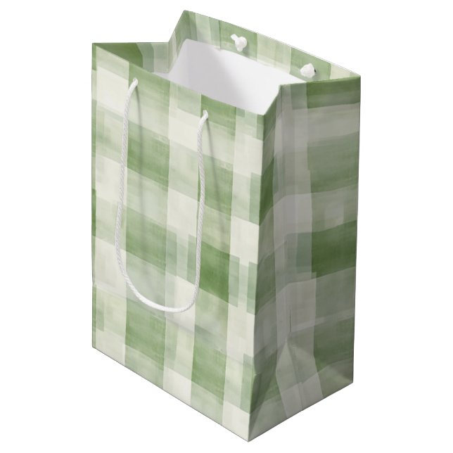 Sac Cadeau Moyen Mariage Champêtre Vert Crème à Carreaux (Devant Angle)
