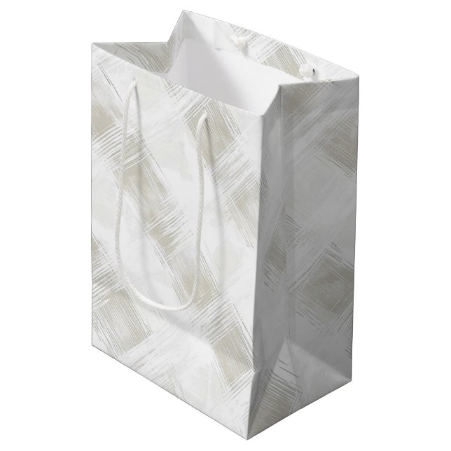Sac Cadeau Moyen Mariage Chic Crème Rayures Blanches (Devant Angle)