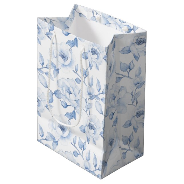 Sac Cadeau Moyen Mariage Chic Fleur Bleu Blanc Shower de Mariée (Devant Angle)