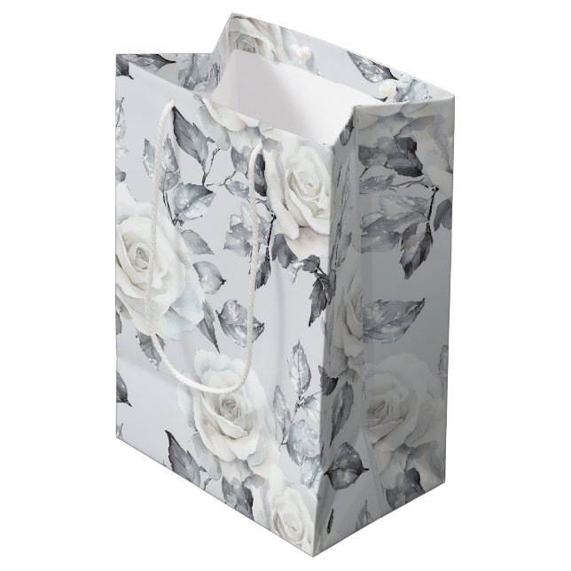 Sac Cadeau Moyen Mariage Chic Gris Argent Blanc Floral (Devant Angle)