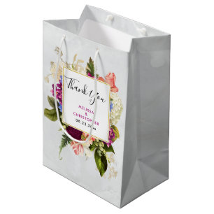 Sac Cadeau Moyen Mariage de bouquet floral rose et blanc moderne