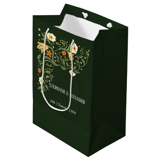 Sac Cadeau Moyen Mariage de fleurs vertes (Devant Angle)