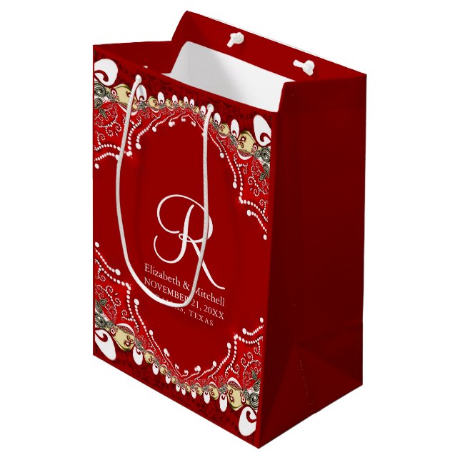 Sac Cadeau Moyen Mariage de monogramme Batik de Bohême Rouge (Devant Angle)