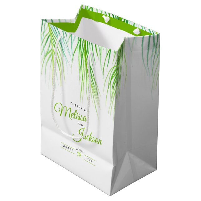 Sac Cadeau Moyen Mariage de palme tropicale grâce au vert et au bla (Devant Angle)