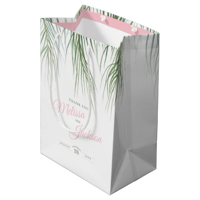 Sac Cadeau Moyen Mariage de palme tropicale grâce vert foncé blanc  (Dos Angle)