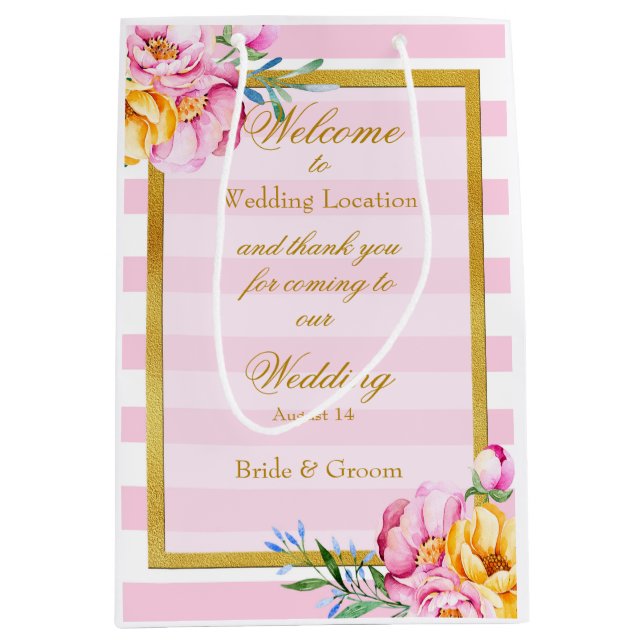 Sac Cadeau Moyen Mariage de trame dorée à rayures roses (Devant)