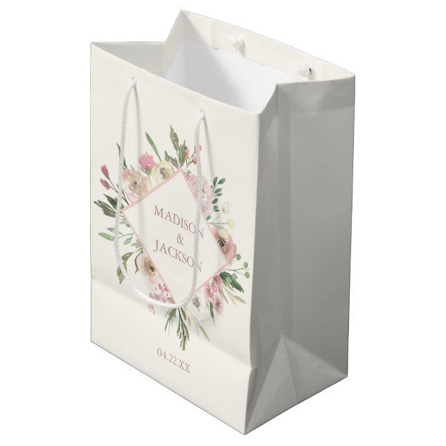 Sac Cadeau Moyen Mariage d'été élégant aux fleurs de pivoine rose (Devant Angle)