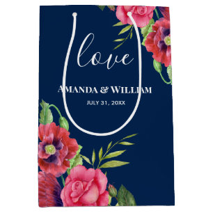 Sac Cadeau Moyen Mariage Favor Fleurs rouges et roses Marine noire