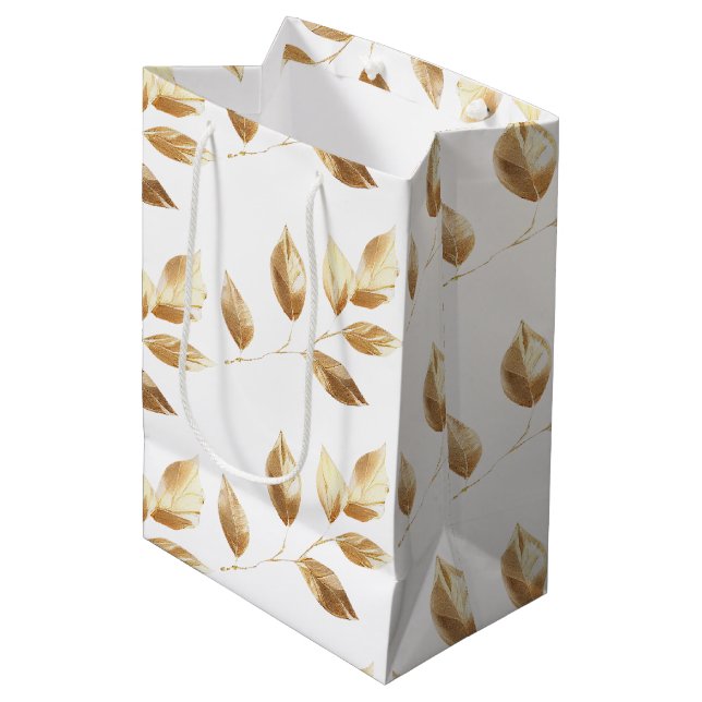 Sac Cadeau Moyen Mariage Feuille Chic Gold (Devant Angle)