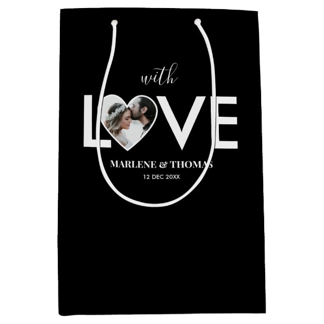 Sac Cadeau Moyen Mariage Fiançailles Photo personnalisée Black Hear (Devant)