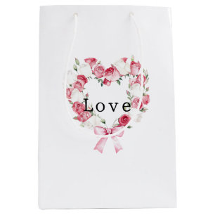 Sac Cadeau Moyen Mariage Fleurs de Rose Cœurs Shower