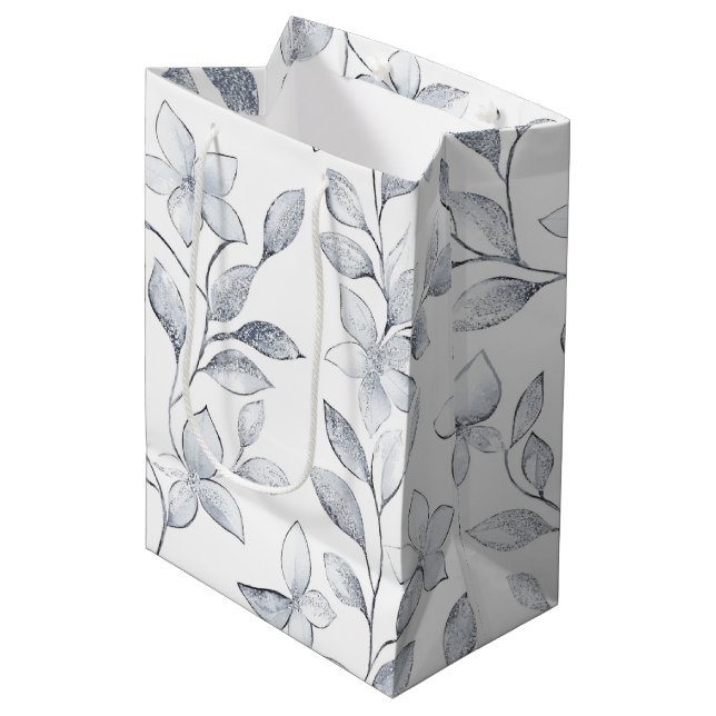 Sac Cadeau Moyen Mariage floral blanc argenté (Devant Angle)