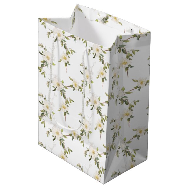 Sac Cadeau Moyen Mariage floral blanc romantique (Devant Angle)