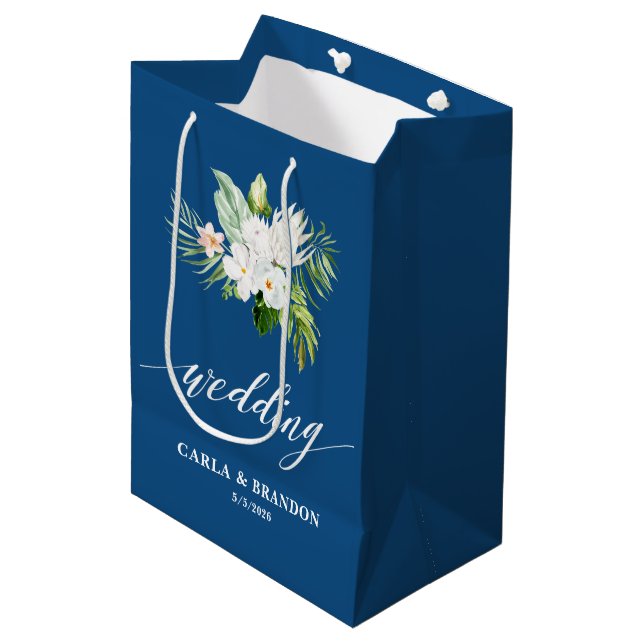 Sac Cadeau Moyen Mariage Floral Bleu (Devant Angle)