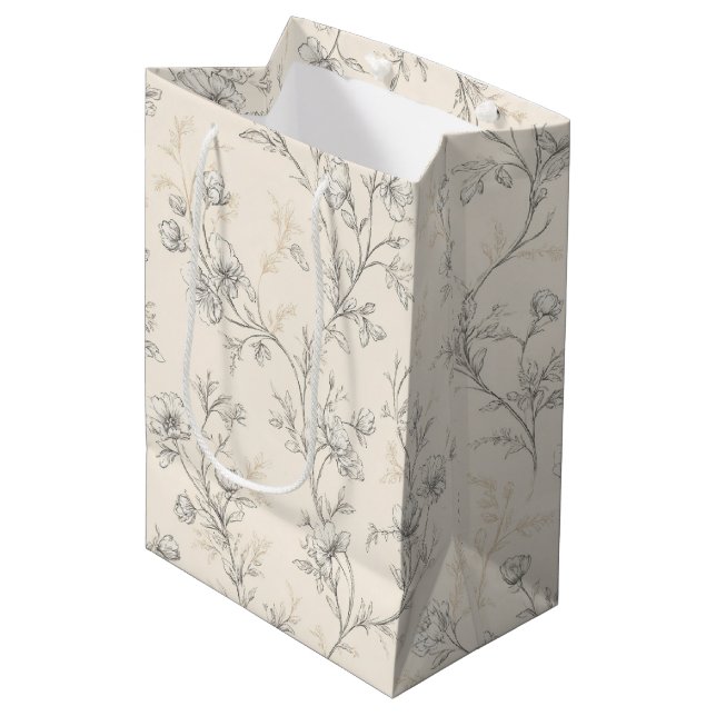 Sac Cadeau Moyen Mariage Floral Chic Crème (Devant Angle)