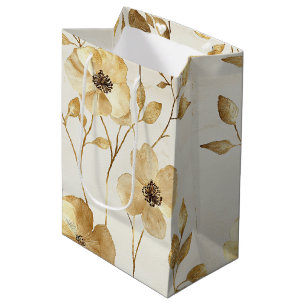 Sac Cadeau Moyen Mariage Floral Crème Or