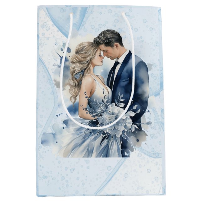 Sac Cadeau Moyen Mariage floral d'encre bleu poussiéreux (Devant)