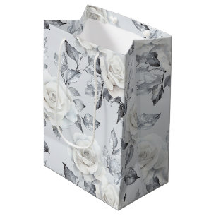 Sac Cadeau Moyen Mariage floral gris argenté chic blanc