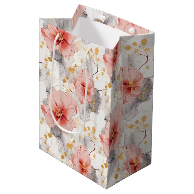 Sac Cadeau Moyen Mariage floral gris corail rose (Devant Angle)