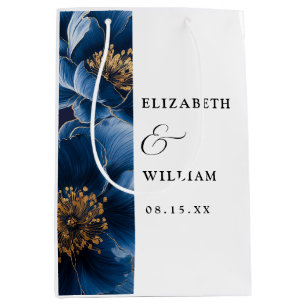 Sac Cadeau Moyen Mariage floral moderne élégant bleu marine