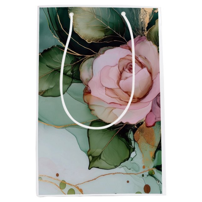 Sac Cadeau Moyen Mariage floral rose or blanc rose romantique (Devant)