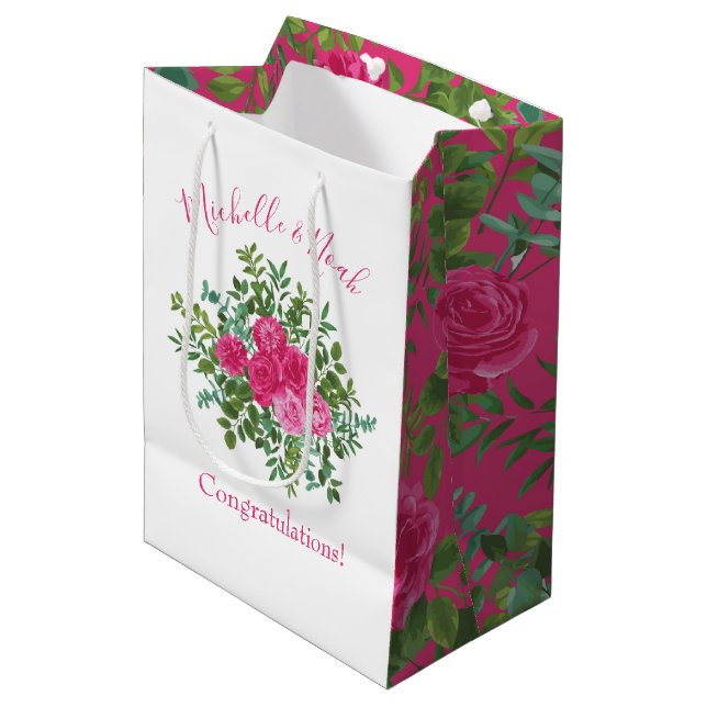 Sac Cadeau Moyen Mariage floral rose vif (Devant Angle)