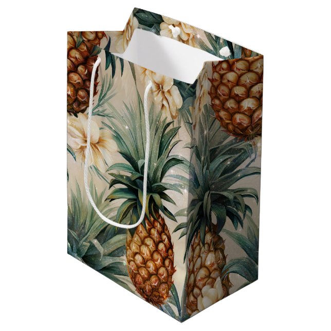 Sac Cadeau Moyen Mariage Floral Tropical aux Ananas  (Devant Angle)