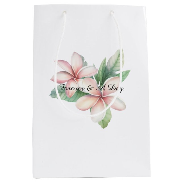 Sac Cadeau Moyen Mariage Floral Tropical Fleurs de Plumeria Rose (Devant)